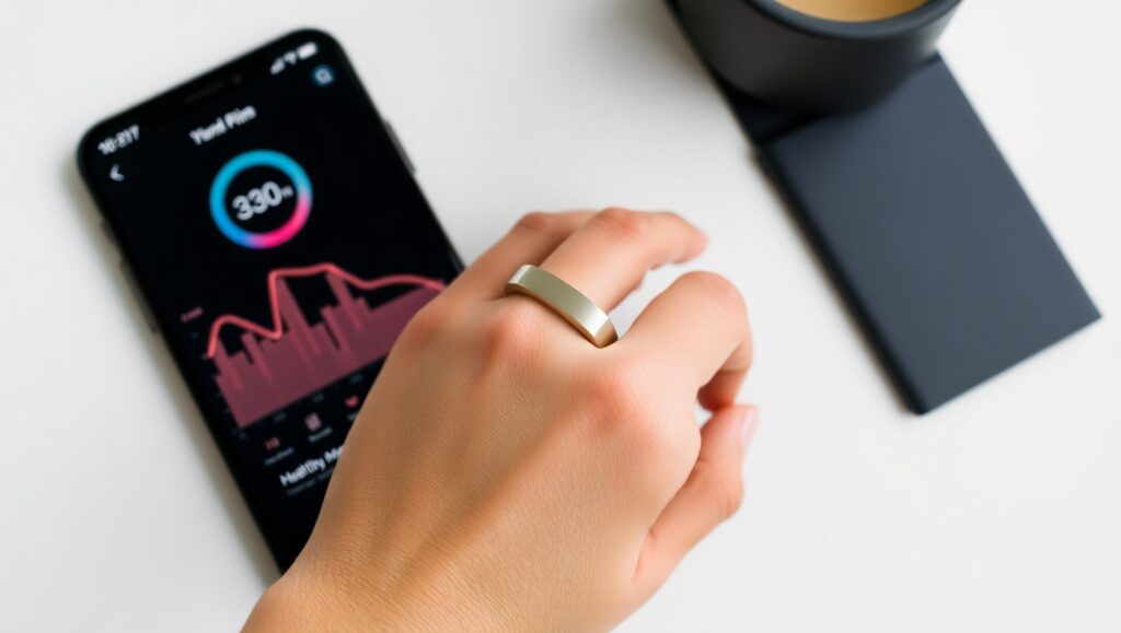 The Rise of Smart Rings Close-up of a modern smart ring on a user’s hand, with health metrics displayed on a smartphone screen beside it, showcasing a sleek metallic design