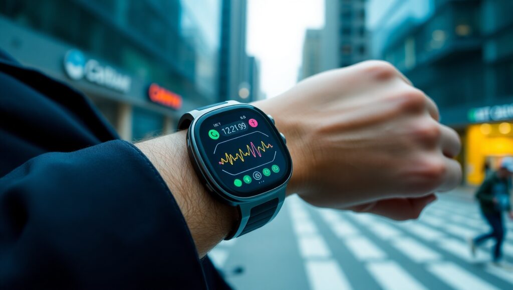 Fitness Trackers Runner checking a fitness tracker during a workout, displaying stats like calories burned, steps taken, and heart rate in a vibrant outdoor setting.