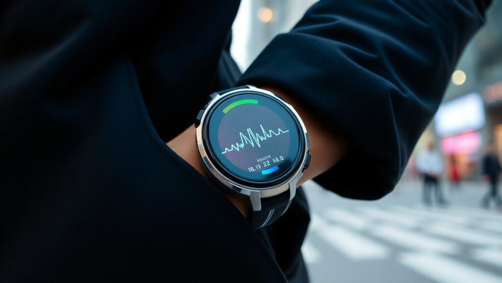 Apple Watch Series 9: smart watch Person wearing a futuristic smartwatch with a colorful display showing heart rate and ECG stats in an urban environment