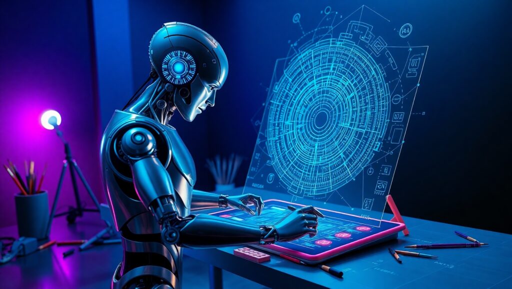 A futuristic depiction of AI, such as a humanoid robot working on an art canvas or writing on a digital pad.