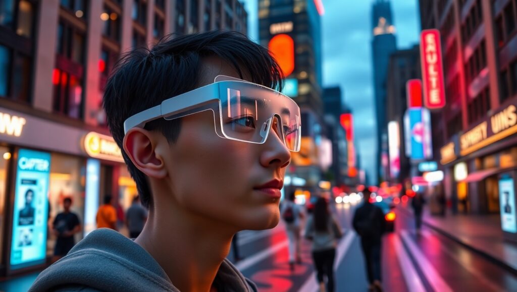 Augmented Reality Glasses User wearing augmented reality glasses with digital navigation directions overlaid on a city street, blending real and virtual worlds