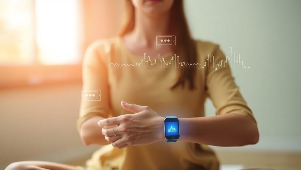 Wearables for Mental Health Person meditating with a wearable stress-relief band, surrounded by biofeedback graphs in a calm and soothing environment